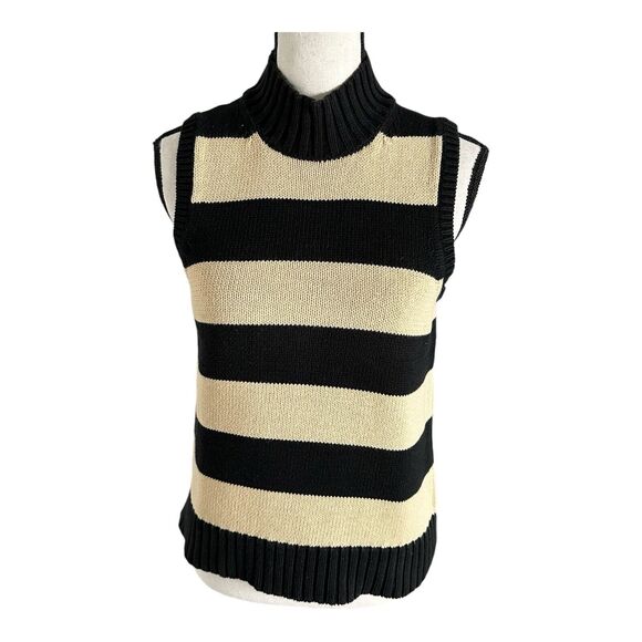 Evan Picone L Sweater‎ Vest 100% Cotton Knit Black Beige Wide Striped Wo… - Picture 1 of 11